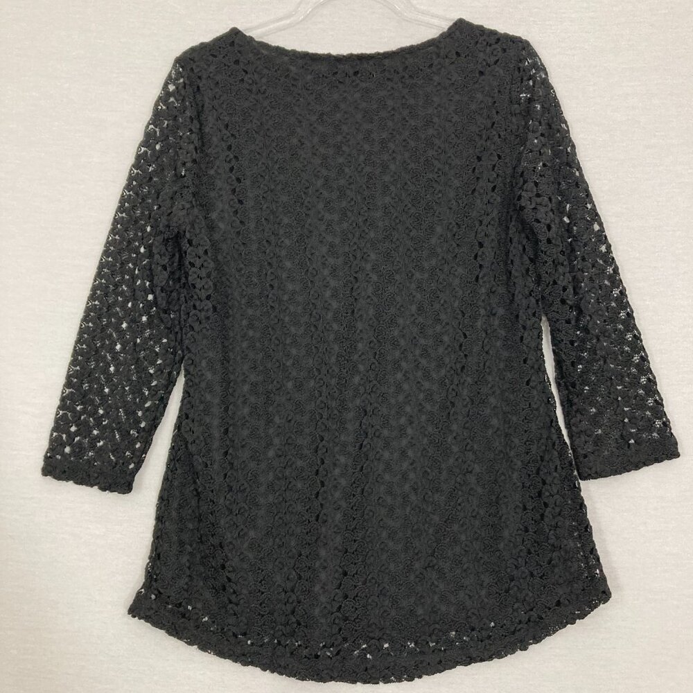 New JM Collection Black Lace Crew Neck Stretch 3/4 Sleeve Pullover Blouse Medium - Picture 10 of 11